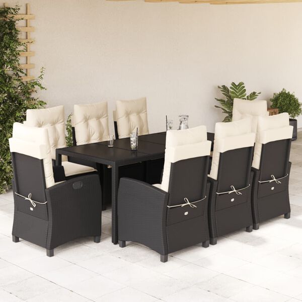 vidaXL 9 pcs conjunto de jantar p/ jardim c/ almofad&otilde;es vime PE preto