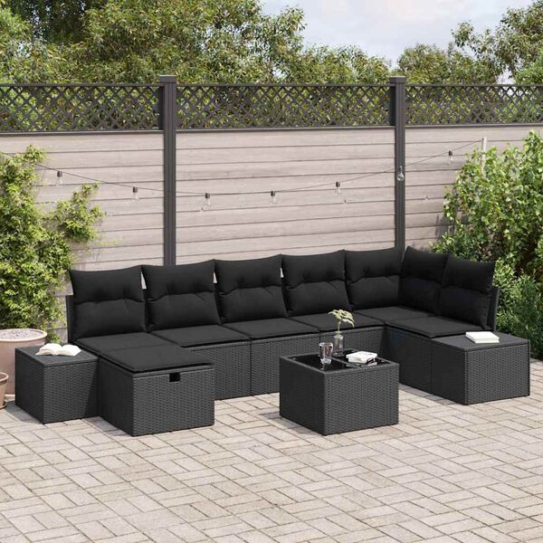 vidaXL Conjunto de Sof&aacute; de Jardim com almofada 8 pcs Preto vime PE