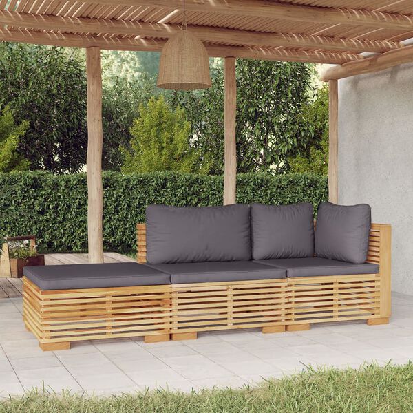 vidaXL 3 pcs conjunto lounge jardim c/ almofad&otilde;es madeira teca maci&ccedil;a