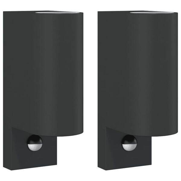 vidaXL Candeeiros parede p/ exterior c/ sensor 2 pcs alumínio preto