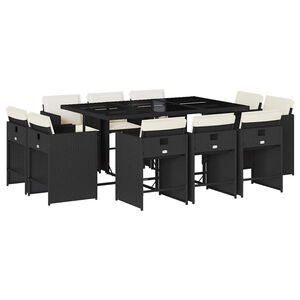 vidaXL 11 pcs conjunto de jantar p/ jardim c/ almofad&otilde;es vime PE preto