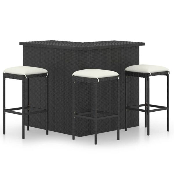 vidaXL 4 pcs conjunto de bar p/ jardim com almofad&otilde;es vime PE preto