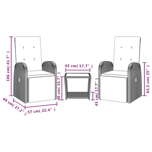 vidaXL 3 pcs conjunto de jantar p/ jardim c/ almofad&otilde;es vime PE cinza