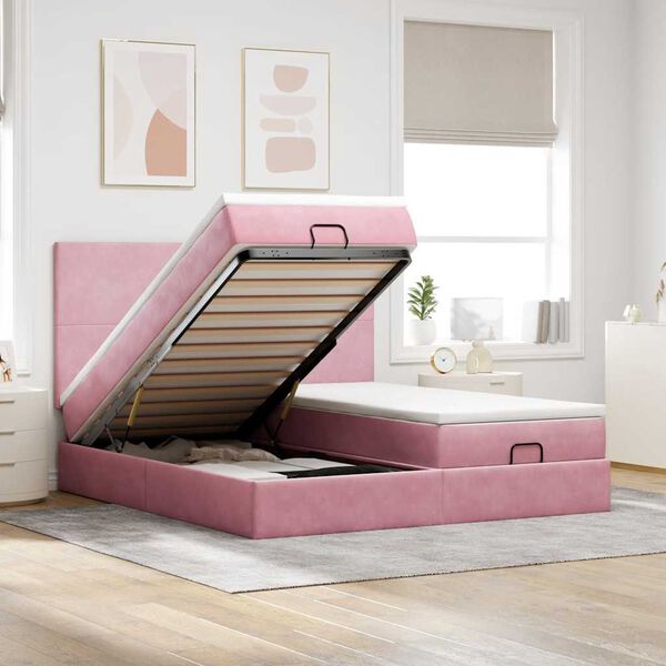 moldura de cama otomana vidaXL com colch&atilde;o rosa 200x200cm Veludo