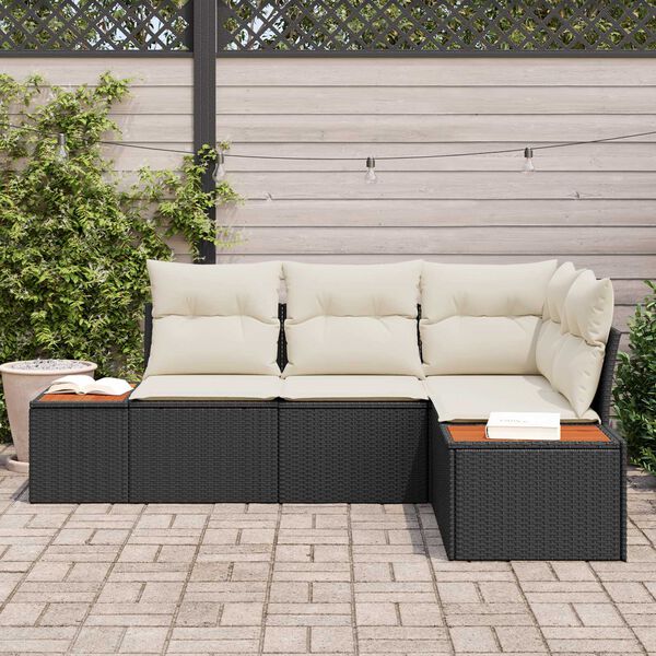 vidaXL Conjunto de Sof&aacute; de Jardim 4 pcs Preto e Creme Polirattan