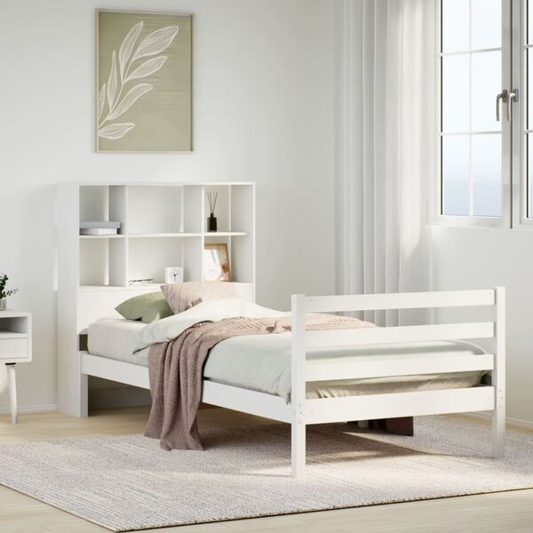 vidaXL Cama com estante sem colch&atilde;o 90x190 cm pinho maci&ccedil;o branco