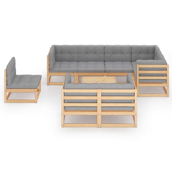 vidaXL 9 pcs conjunto lounge de jardim c/ almofadões pinho maciço