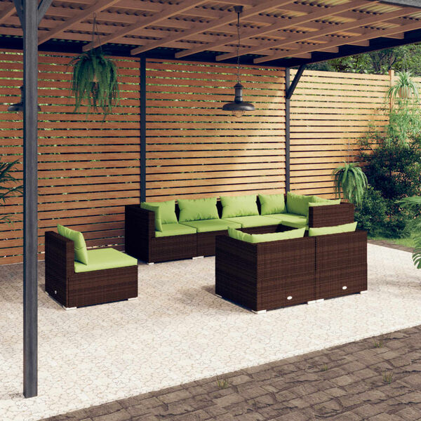 vidaXL 8 pcs conjunto lounge de jardim c/ almofadões vime PE castanho