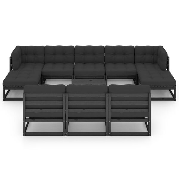 vidaXL 11 pcs conj. lounge de jardim c/ almofad&otilde;es pinho maci&ccedil;o preto