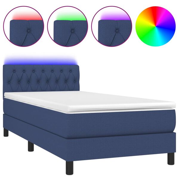 vidaXL Cama box spring c/ colch&atilde;o e LED 90x200 cm tecido azul