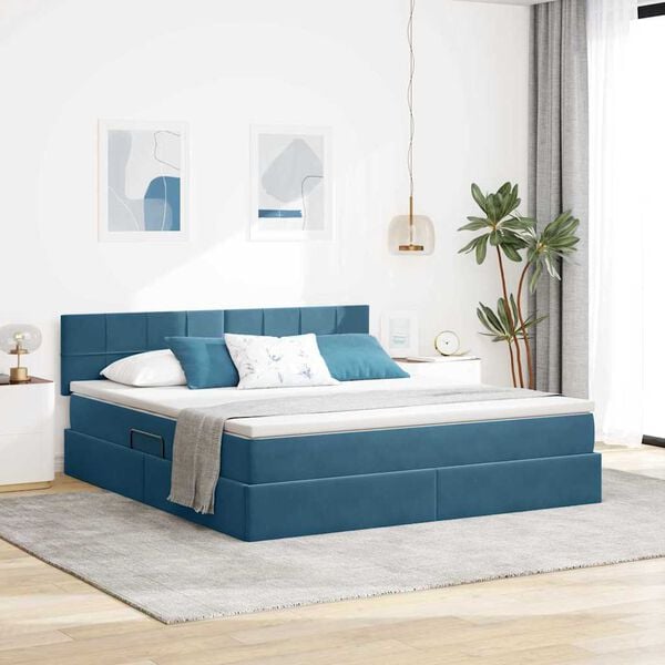 vidaXL Cama com arruma&ccedil;&atilde;o e LED Azul Escuro 180 x 200 cm Veludo