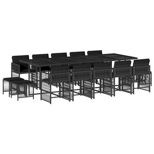 vidaXL 15 pcs conjunto de jantar p/jardim com almofad&otilde;es vime PE preto