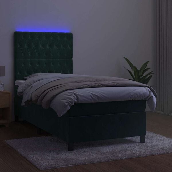 vidaXL Cama box spring c/ colch&atilde;o/LED 100x200 cm veludo verde-escuro