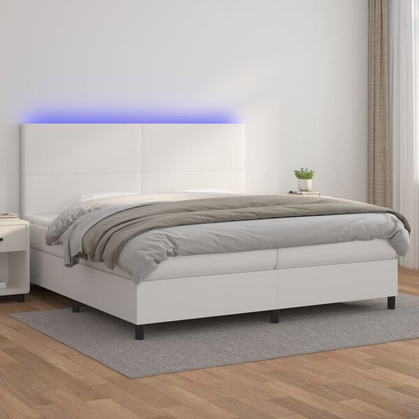 vidaXL Cama box spring c/colch&atilde;o/LED 200x200cm couro artificial branco