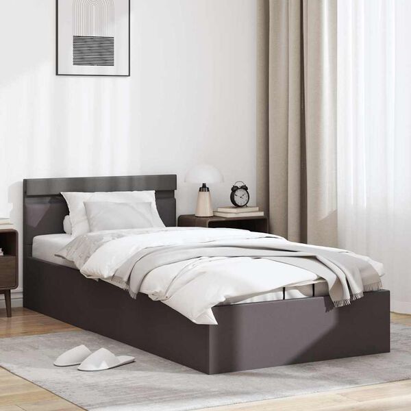 vidaXL Cama hidráulica c/ arrumação LED 90x200cm couro artifi. cinza