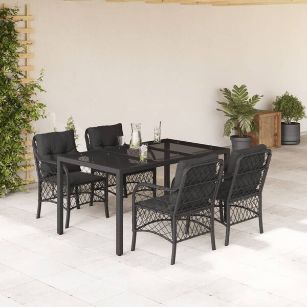 vidaXL 5 pcs conjunto de jantar p/ jardim c/ almofad&otilde;es vime PE preto