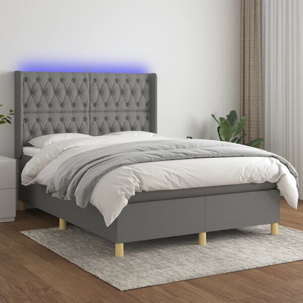 vidaXL Cama box spring c/ colch&atilde;o e LED 140x190 cm tecido cinza-escuro