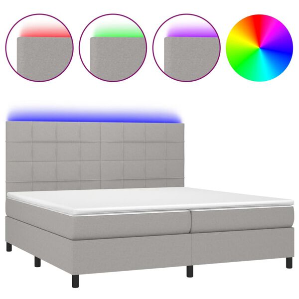 vidaXL Cama box spring c/ colch&atilde;o e LED 200x200 cm tecido cinza-claro