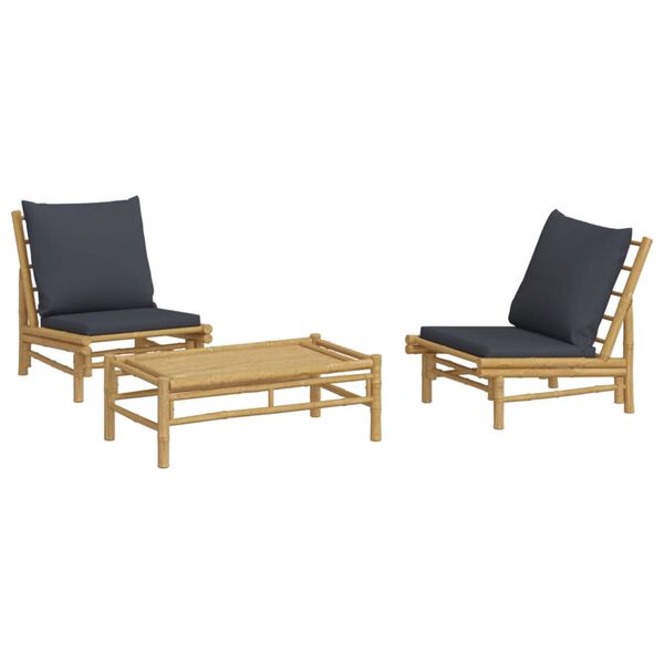 vidaXL 3pcs conj. lounge de jardim bambu c/ almofadões cinzento-escuro