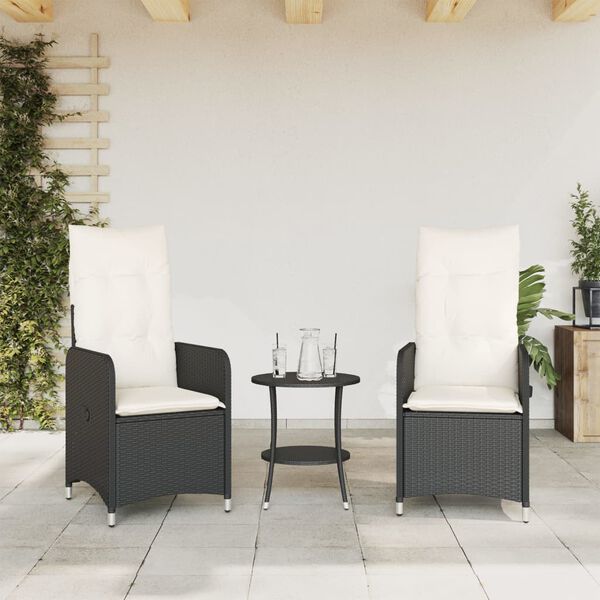 vidaXL Cadeiras de jardim reclin&aacute;veis c/ almofad&otilde;es 2pcs vime PE preto