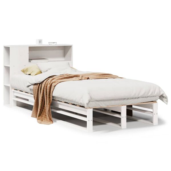 vidaXL Cama com estante sem colch&atilde;o 75x190 cm madeira maci&ccedil;a branco