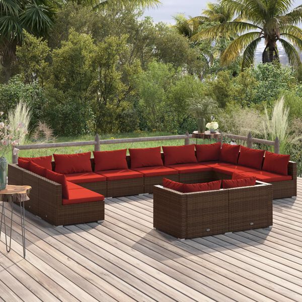 vidaXL 12 pcs conjunto lounge jardim c/ almofadões vime PE castanho