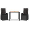 vidaXL 3 pcs conjunto de jantar p/ jardim c/ almofad&otilde;es vime PE preto