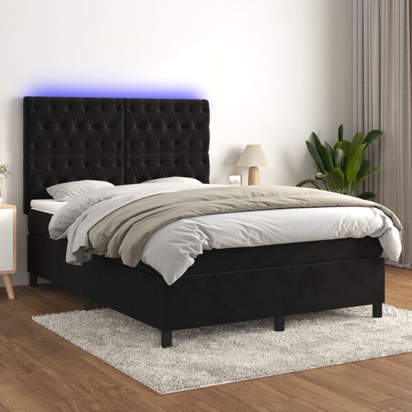 vidaXL Cama box spring c/ colch&atilde;o/LED 140x200 cm veludo preto