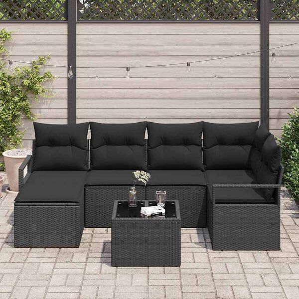 vidaXL Conjunto de Sof&aacute;s com almofada 7 pcs Preto vime PE