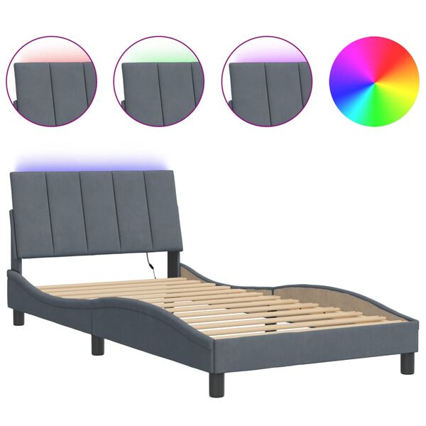 vidaXL Estrutura de cama com LED sem colch&atilde;o Hanko 100x203 cm veludo cinza-escuro