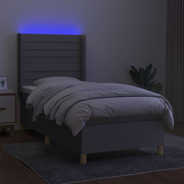 vidaXL Cama box spring c/ colch&atilde;o e LED 90x190 cm tecido cinza-claro