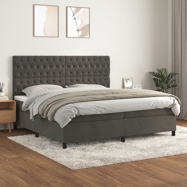 vidaXL Cama com molas/colch&atilde;o 200x200 cm veludo cinzento-escuro