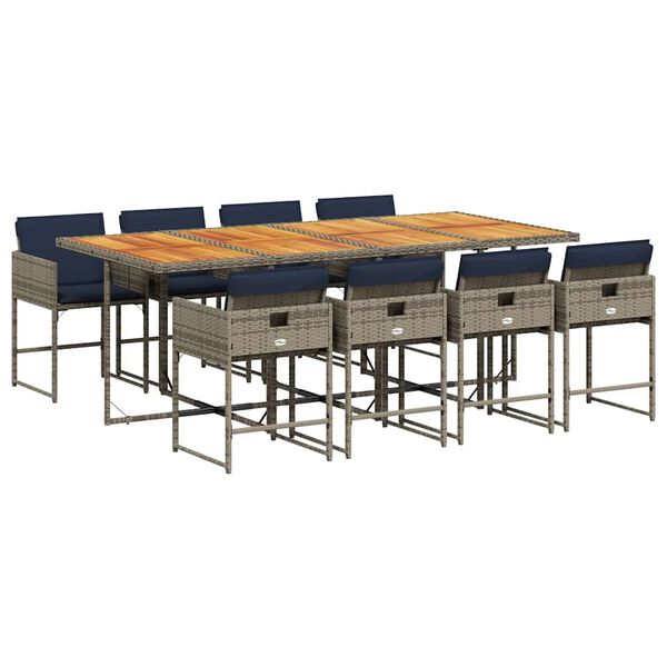 vidaXL 9 pcs conjunto de jantar p/ jardim c/ almofad&otilde;es vime PE cinza