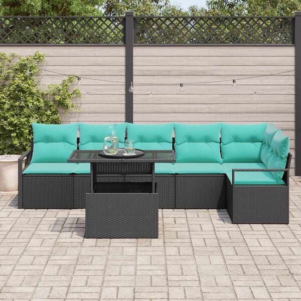 vidaXL Conjunto de Sof&aacute; de Jardim 7 pcs Preto e Azul vime PE