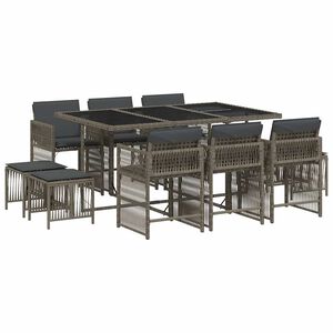 vidaXL 11 pcs conjunto jantar p/ jardim c/ almofad&otilde;es vime PE cinzento