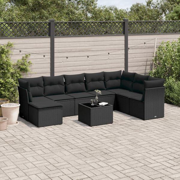 vidaXL 9 pcs conjunto de sof&aacute;s p/ jardim c/ almofad&otilde;es vime PE preto