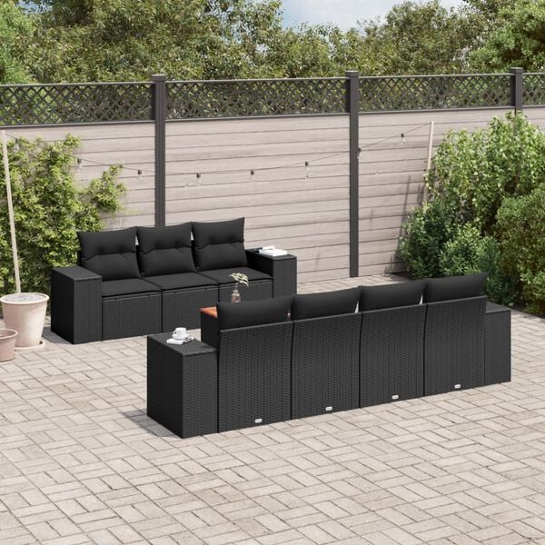 vidaXL 8 pcs conjunto sof&aacute;s de jardim com almofad&otilde;es vime PE preto