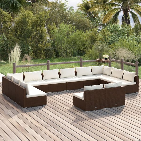 vidaXL 12 pcs conjunto lounge de jardim c/ almofad&otilde;es vime PE castanho
