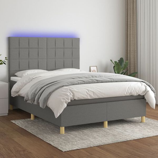 vidaXL Cama box spring c/ colch&atilde;o e LED 140x190 cm tecido cinza-escuro