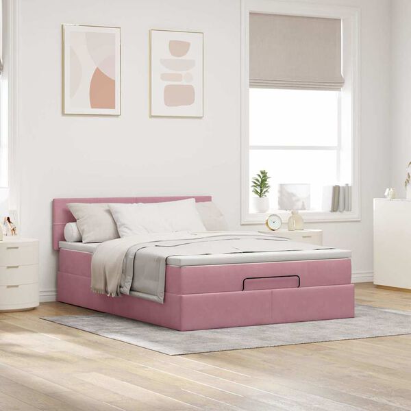 vidaXL Estrutura de cama otomana com colch&atilde;o 140x190 cm veludo rosa