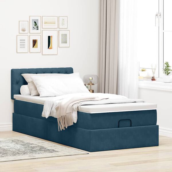 vidaXL Estrutura de cama otomana com colch&atilde;o azul escuro Veludo