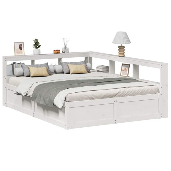 vidaXL Cama com estante sem colch&atilde;o 140x200 cm pinho maci&ccedil;o branco