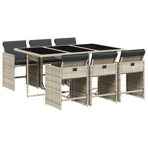vidaXL 7 pcs conj. jantar p/ jardim c/ almofad&otilde;es vime PE cinza-claro