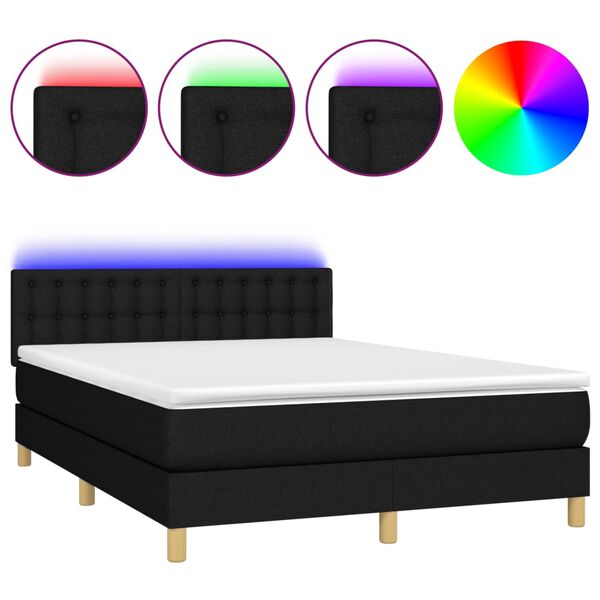 vidaXL Cama box spring c/ colch&atilde;o e LED 140x190 cm tecido preto