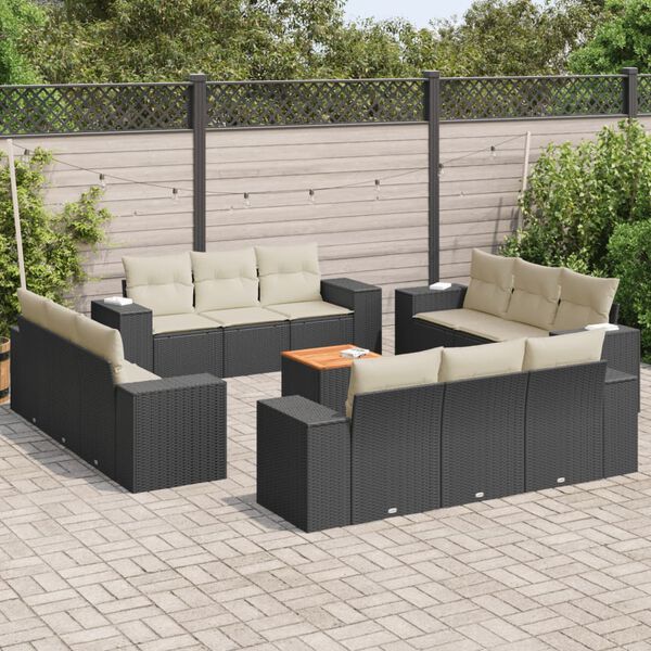 vidaXL 13 pcs conjunto de sof&aacute;s de jardim com almofad&otilde;es vime PE preto