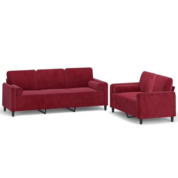 vidaXL 2 pcs conj. sof&aacute;s c/ almofadas/almofad&otilde;es veludo vermelho tinto