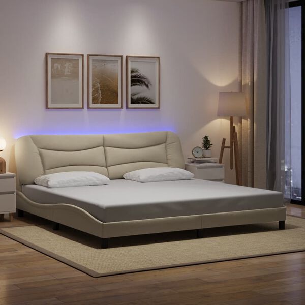 vidaXL Estrutura de cama com LED sem colch&atilde;o Hvar 200x200 cm tecido creme