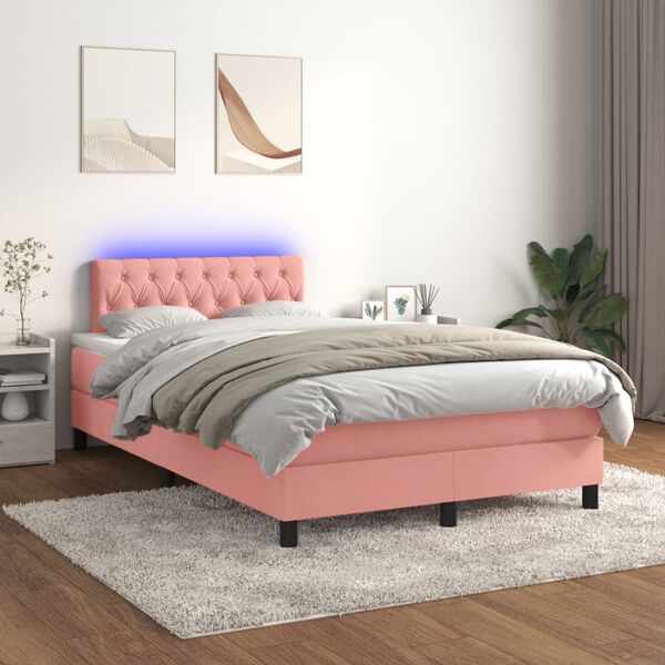 vidaXL Cama box spring c/ colch&atilde;o/LED 120x200 cm veludo rosa