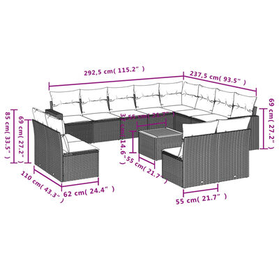 vidaXL 13 pcs conjunto de sofás p/ jardim com almofadões vime PE bege