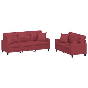 vidaXL 2 pcs conjunto sof&aacute;s c/ almofadas couro artif. vermelho tinto